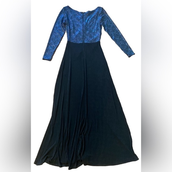 Tadashi Long-Sleeve Sparkle Deep V Neck Gown Black And Blue - Picture 2 of 6